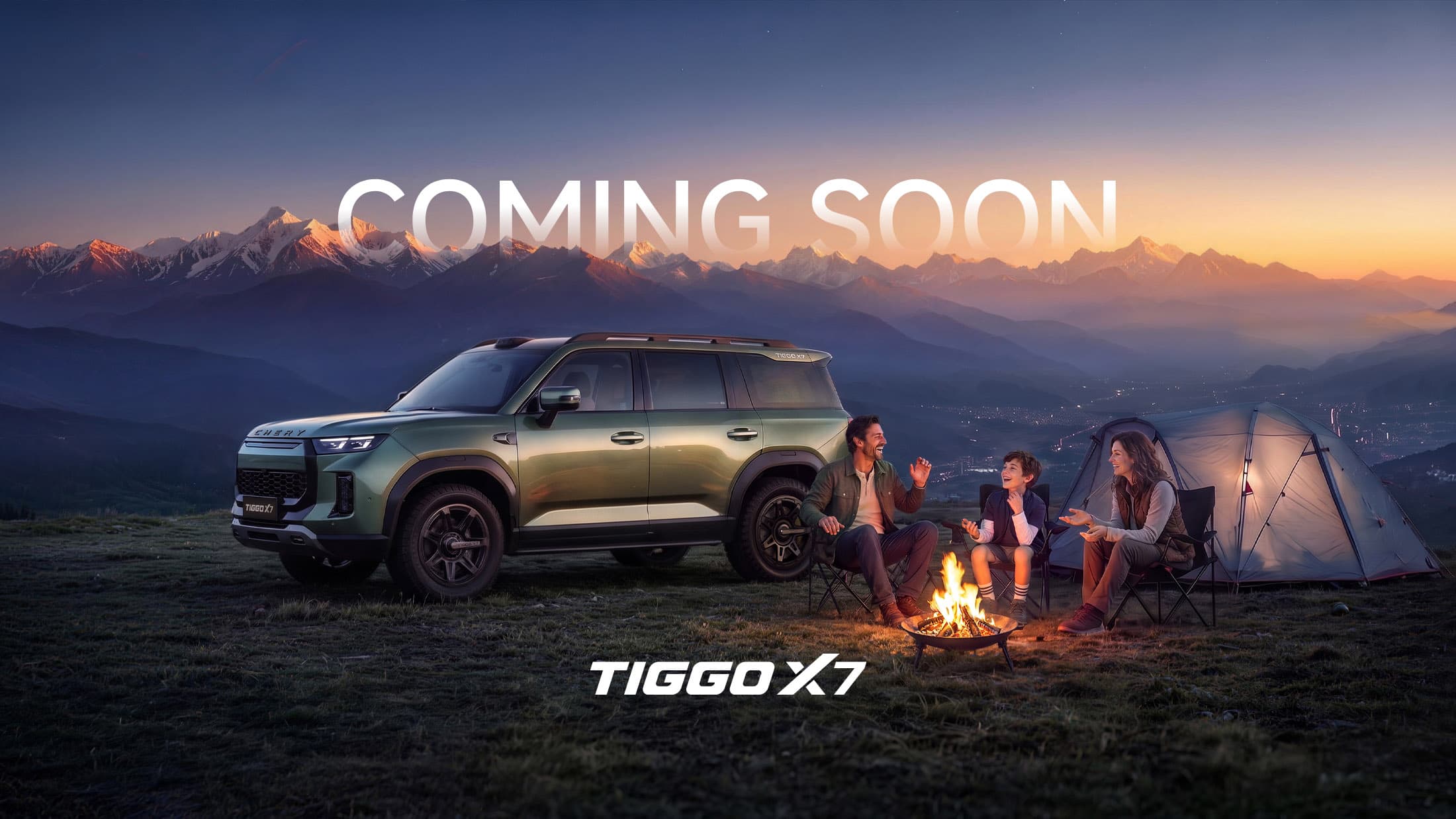 Official Chery TIGGO X7 artwork showing the SUV at a campsite beneath the words Coming Soon